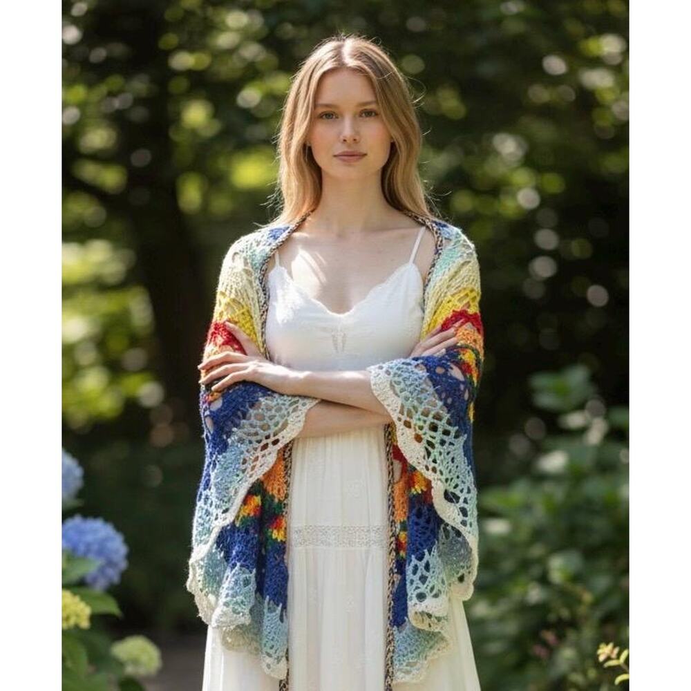 Handmade Crochet Shawl Rainbow Lace Wrap Boho Festival Colorful Open Knit Shawl - Picture 2 of 11